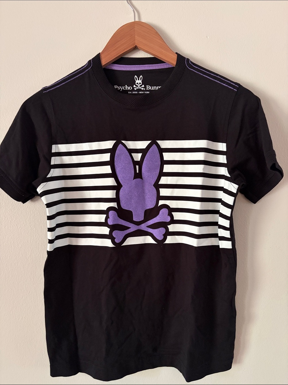 Psycho Bunny Black Tee with Textured Purple Bunny Logo Size 14/16